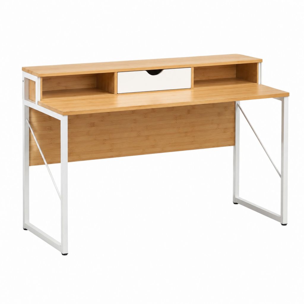 Schreibtisch mit Aufsatz Bambus und Stahl Weiß Natur rechteckig 100 x 50 x 90 cm