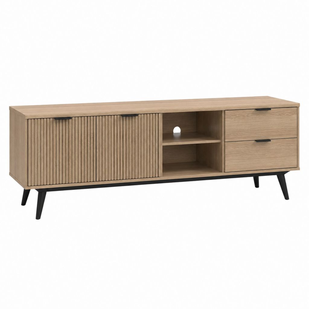 TV-Lowboard Eiche Natur Spanplatte Rechteckig 160 x 40 x 60 cm mit Schiebetüren Schubladen und offenen Fächern