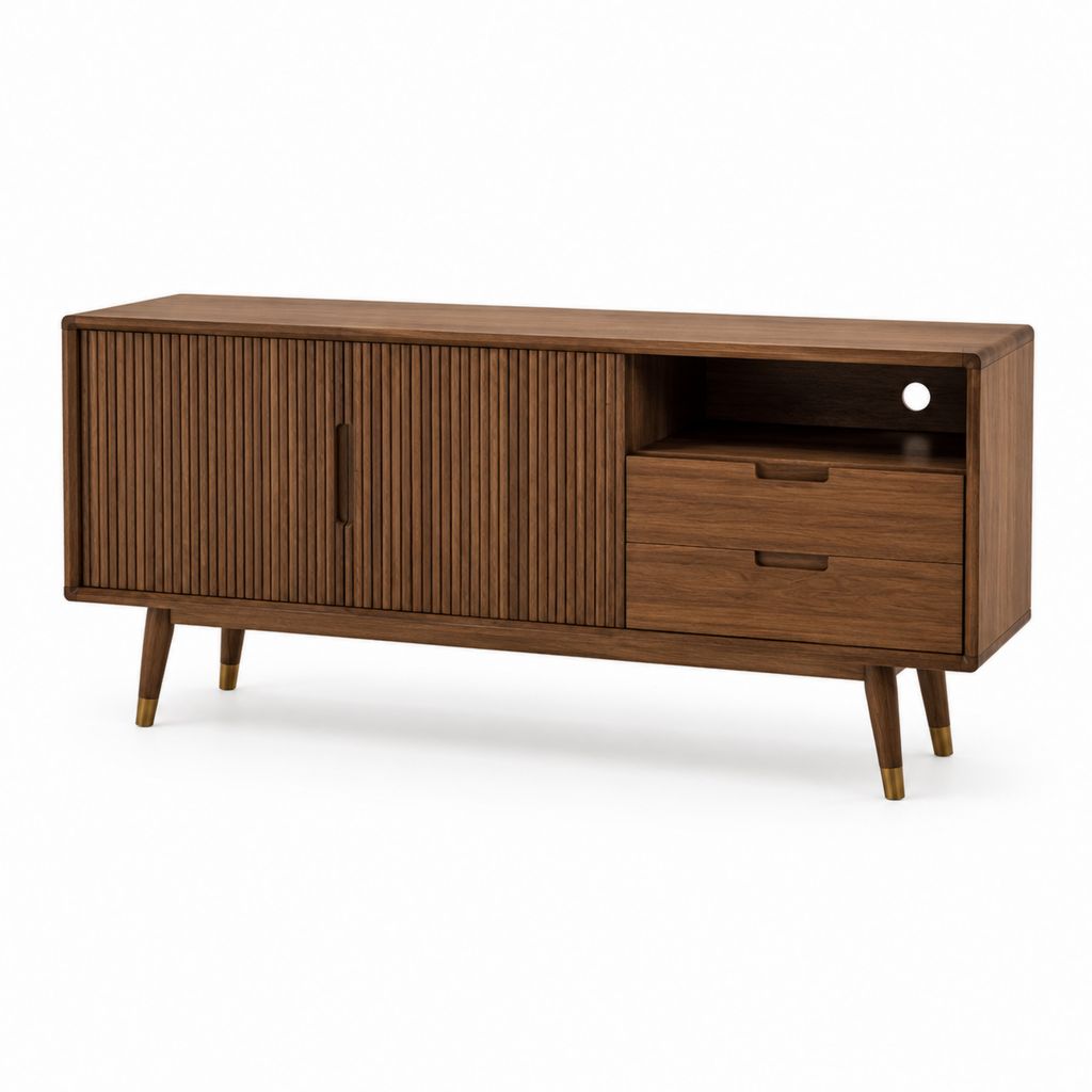 TV-Lowboard Nussbraun aus Massivholz rechteckig mit 2 Türen 2 Schubladen und offenem Fach 160 x 40 x 75 cm