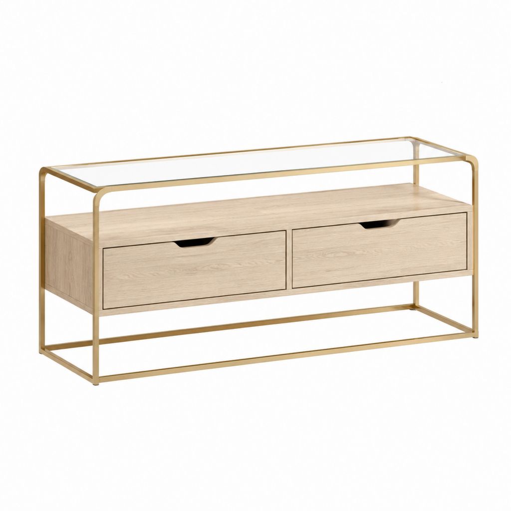 TV-Lowboard mit 2 Schubladen Eichenoptik Stahl Gold Klarglas rechteckig 120 x 40 x 60 cm