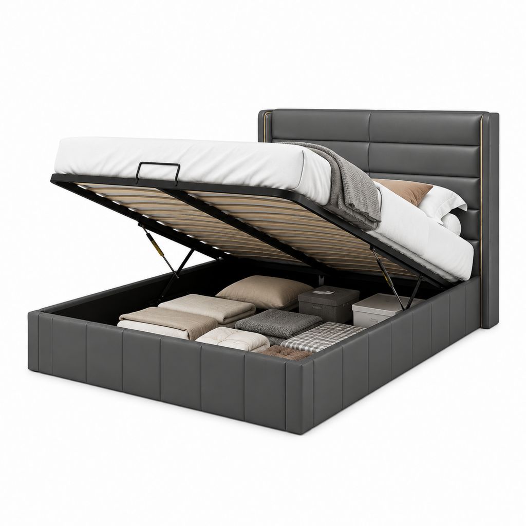 Stauraumbett Doppelbett Dunkelgrau PU-Kunstleder rechteckig mit Gasdruckfeder 180 x 200 cm