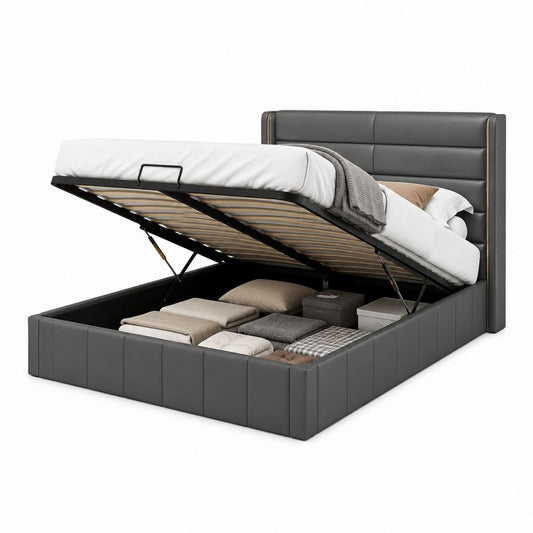 Stauraumbett Doppelbett Dunkelgrau PU-Kunstleder rechteckig mit Gasdruckfeder 180 x 200 cm