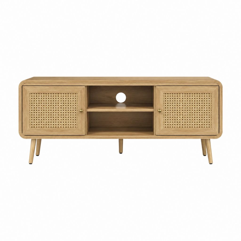 TV-Lowboard Natur aus massivem Mangoholz und Rattan 140 x 40 x 70 cm